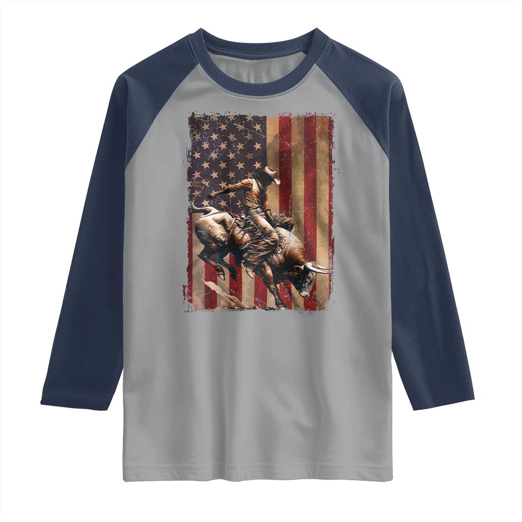 Black Cowboy Bull Rider Raglan Shirt Western Rodeo Patriotic American Flag - Wonder Print Shop