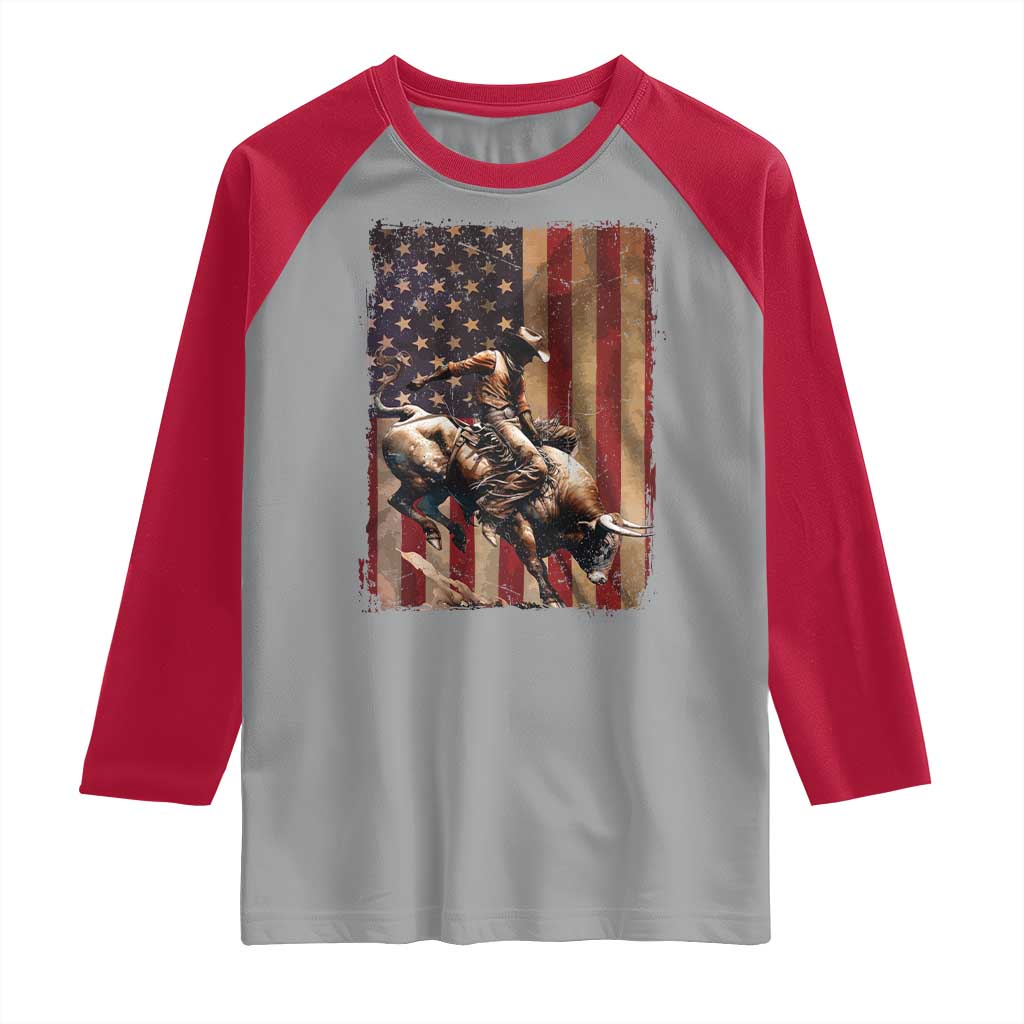 Black Cowboy Bull Rider Raglan Shirt Western Rodeo Patriotic American Flag - Wonder Print Shop