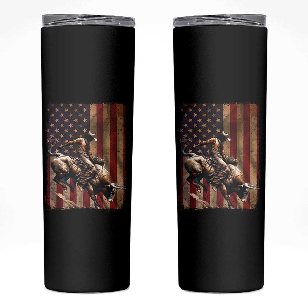 Black Cowboy Bull Rider Skinny Tumbler Western Rodeo Patriotic American Flag