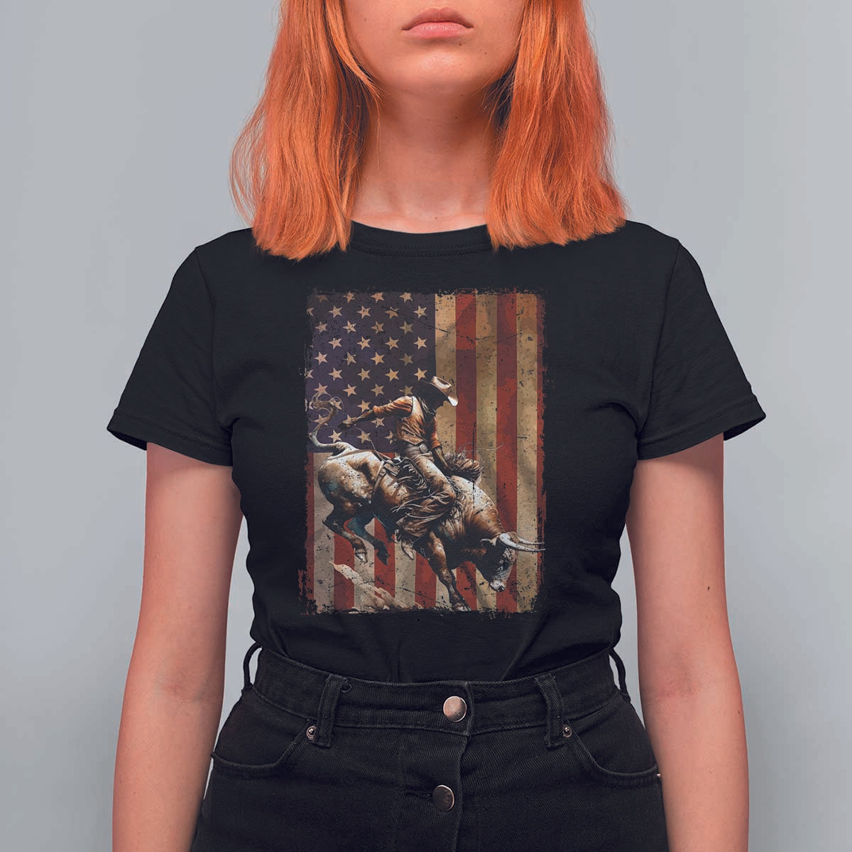 Black Cowboy Bull Rider T Shirt For Women Western Rodeo Patriotic American Flag - Wonder Print Shop