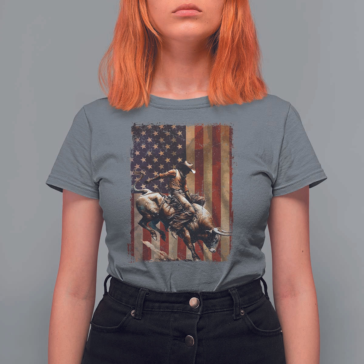 Black Cowboy Bull Rider T Shirt For Women Western Rodeo Patriotic American Flag - Wonder Print Shop