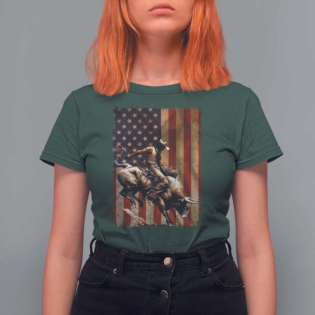 Black Cowboy Bull Rider T Shirt For Women Western Rodeo Patriotic American Flag - Wonder Print Shop
