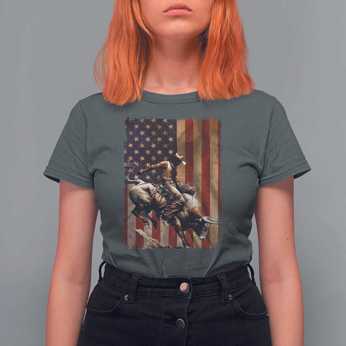 Black Cowboy Bull Rider T Shirt For Women Western Rodeo Patriotic American Flag - Wonder Print Shop