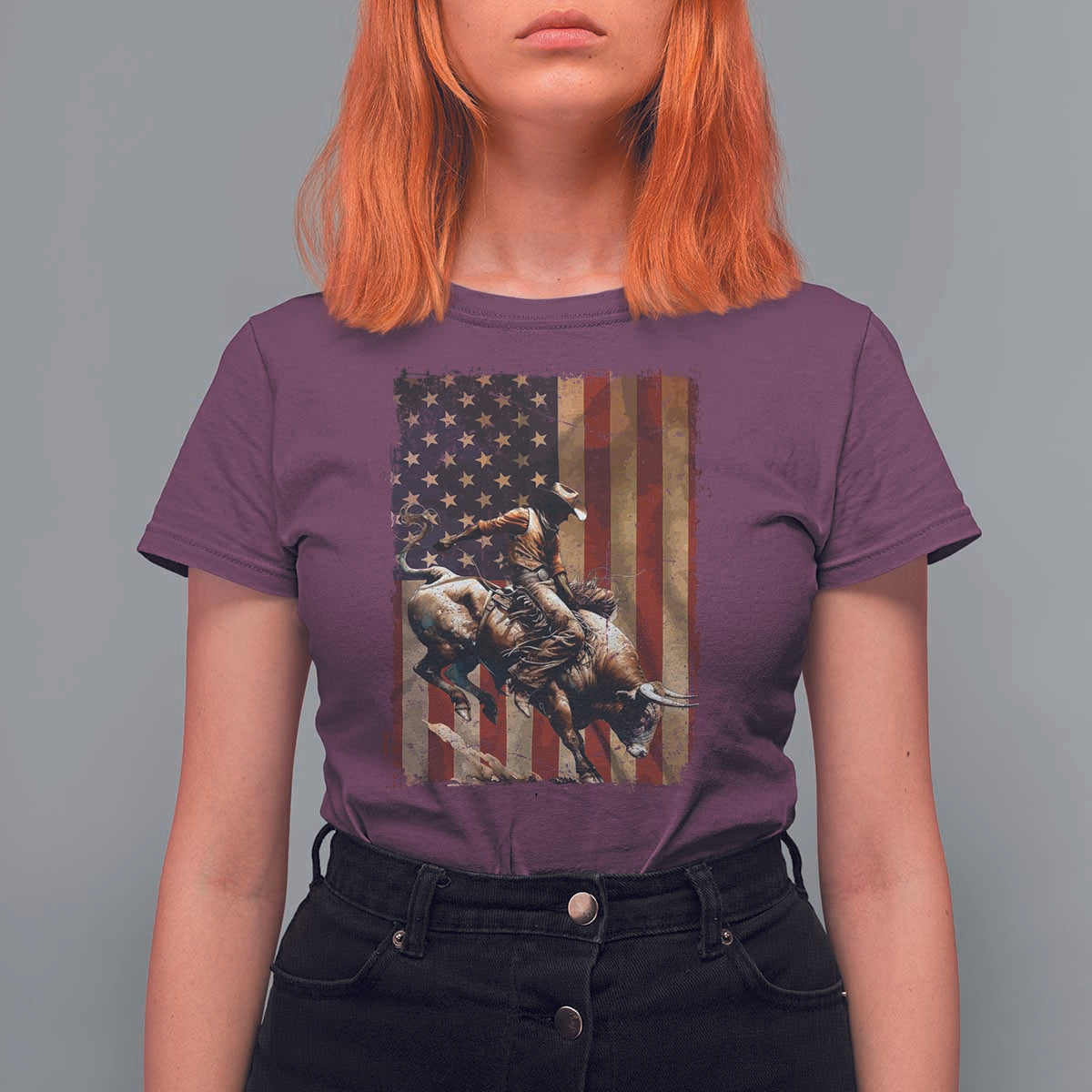 Black Cowboy Bull Rider T Shirt For Women Western Rodeo Patriotic American Flag - Wonder Print Shop