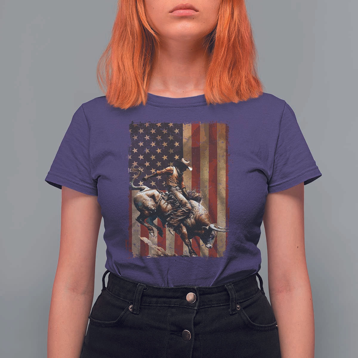 Black Cowboy Bull Rider T Shirt For Women Western Rodeo Patriotic American Flag - Wonder Print Shop
