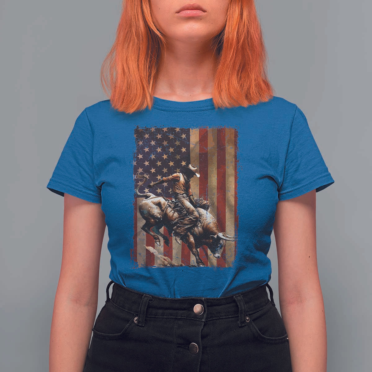 Black Cowboy Bull Rider T Shirt For Women Western Rodeo Patriotic American Flag - Wonder Print Shop