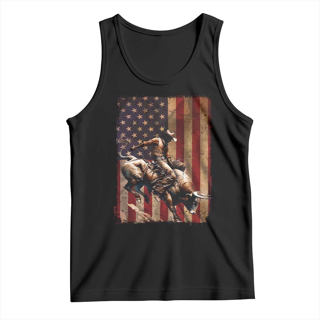 Black Cowboy Bull Rider Tank Top Western Rodeo Patriotic American Flag - Wonder Print Shop