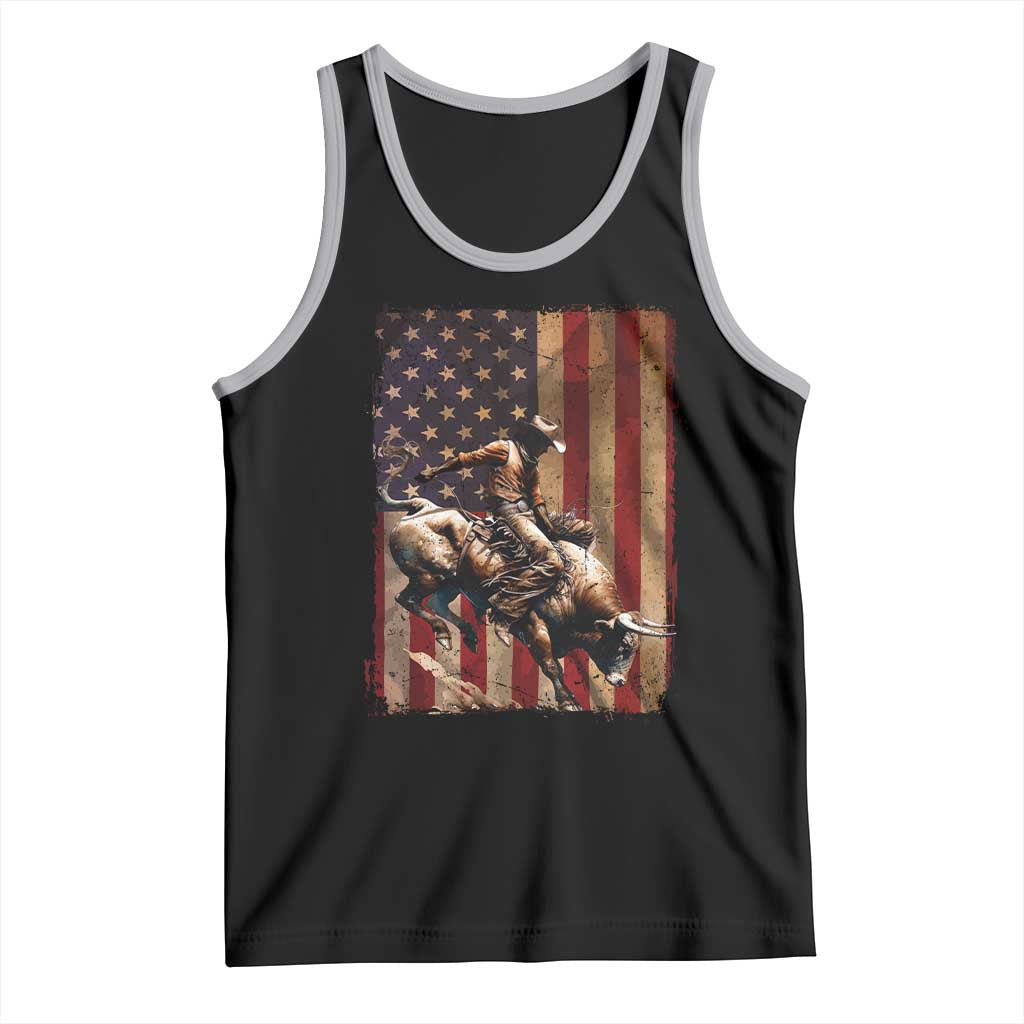 Black Cowboy Bull Rider Tank Top Western Rodeo Patriotic American Flag - Wonder Print Shop