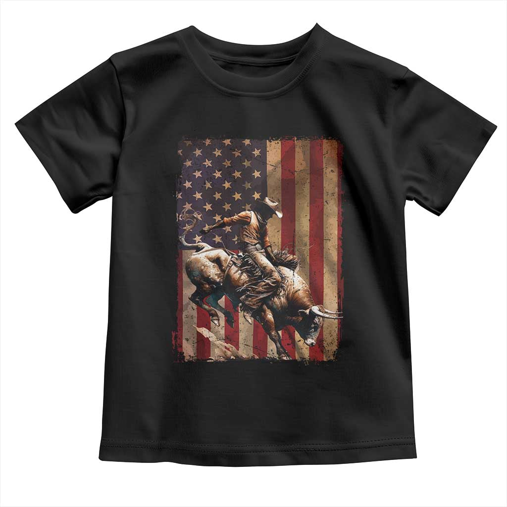 Black Cowboy Bull Rider Toddler T Shirt Western Rodeo Patriotic American Flag - Wonder Print Shop