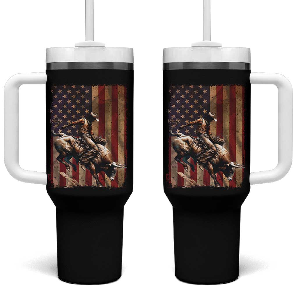 Black Cowboy Bull Rider Tumbler With Handle Western Rodeo Patriotic American Flag
