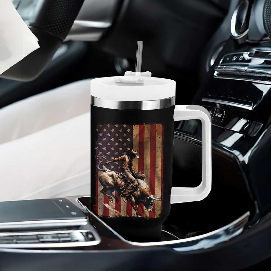 Black Cowboy Bull Rider Tumbler With Handle Western Rodeo Patriotic American Flag