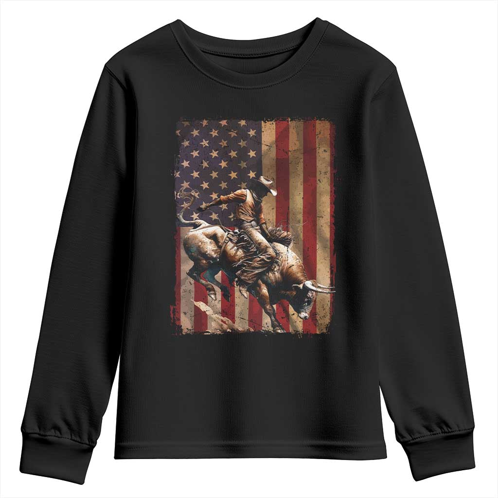 Black Cowboy Bull Rider Youth Sweatshirt Western Rodeo Patriotic American Flag - Wonder Print Shop