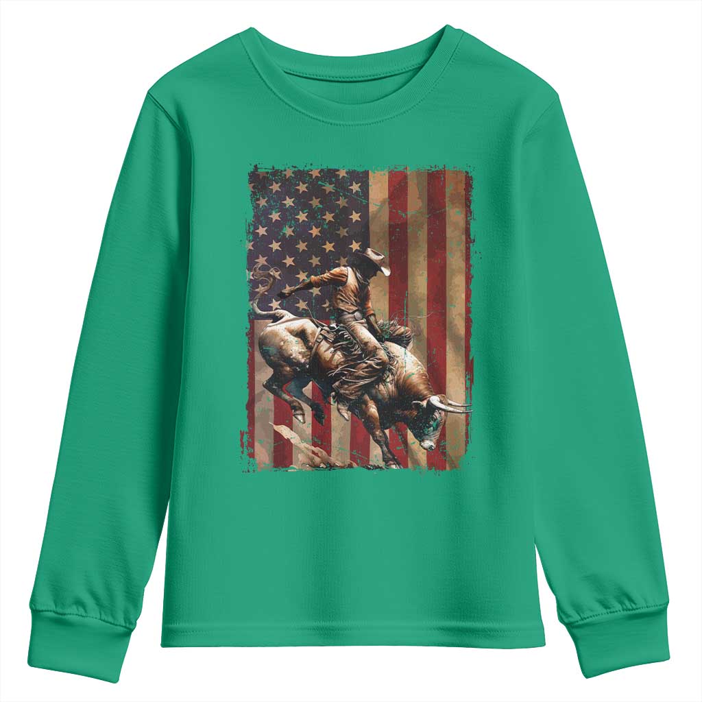 Black Cowboy Bull Rider Youth Sweatshirt Western Rodeo Patriotic American Flag - Wonder Print Shop