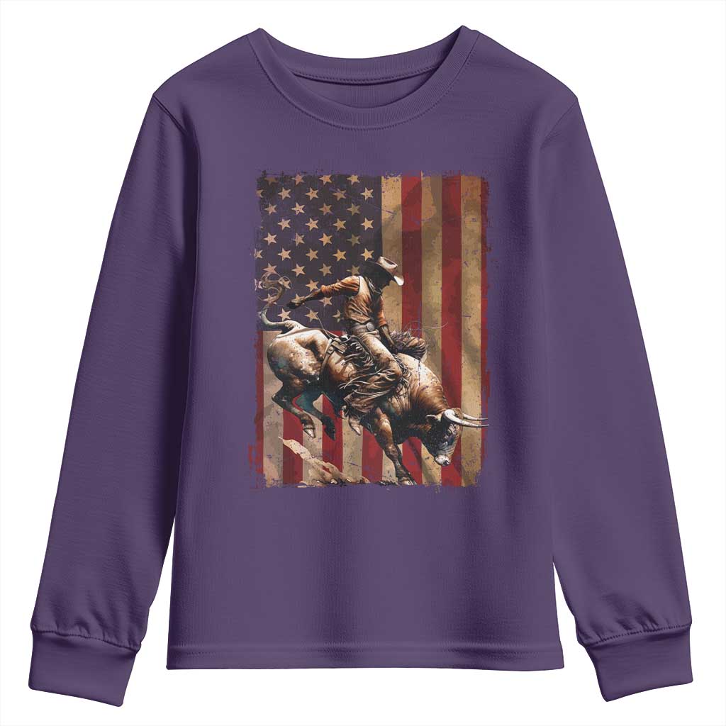 Black Cowboy Bull Rider Youth Sweatshirt Western Rodeo Patriotic American Flag - Wonder Print Shop