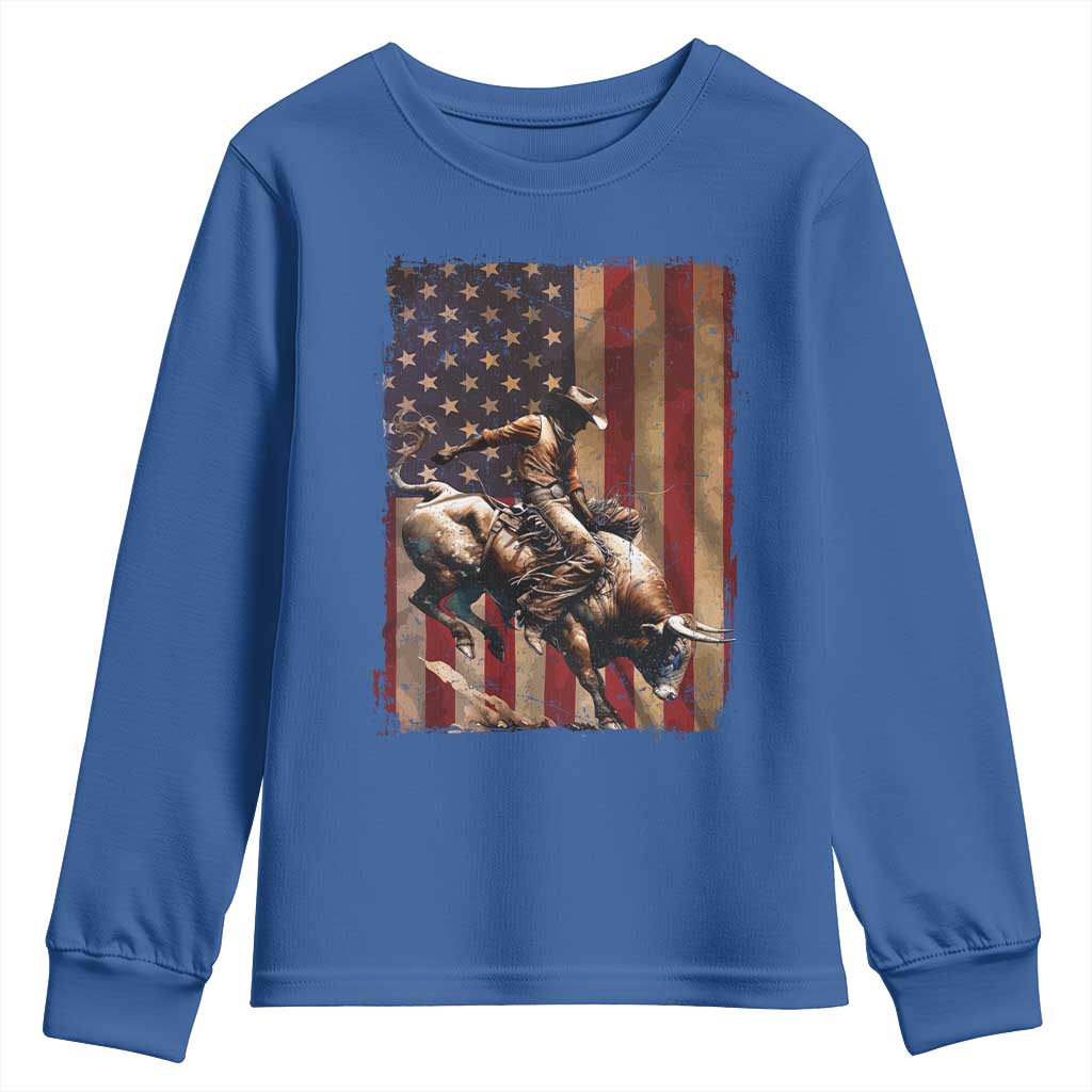 Black Cowboy Bull Rider Youth Sweatshirt Western Rodeo Patriotic American Flag - Wonder Print Shop