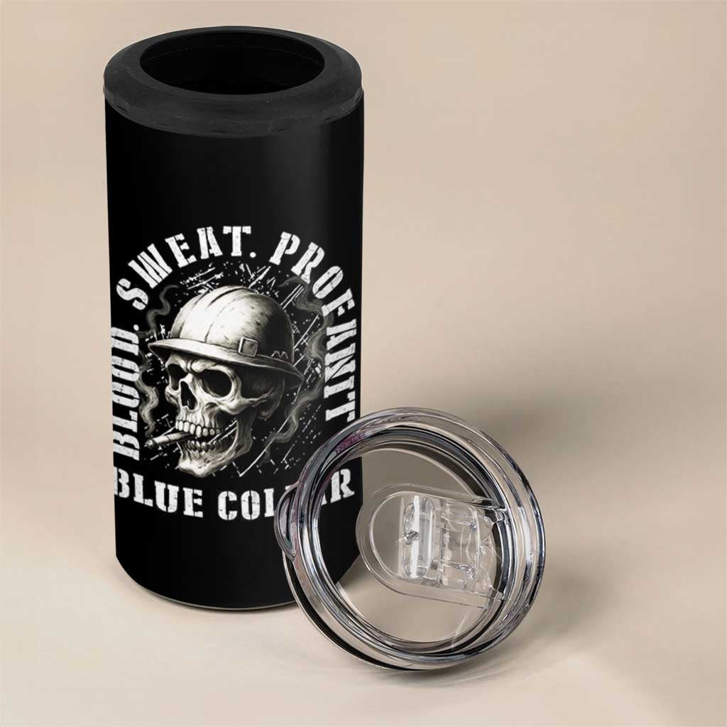 Skull Smoking 4 in 1 Can Cooler Tumbler Blood Sweat Profanity Blue Collar
