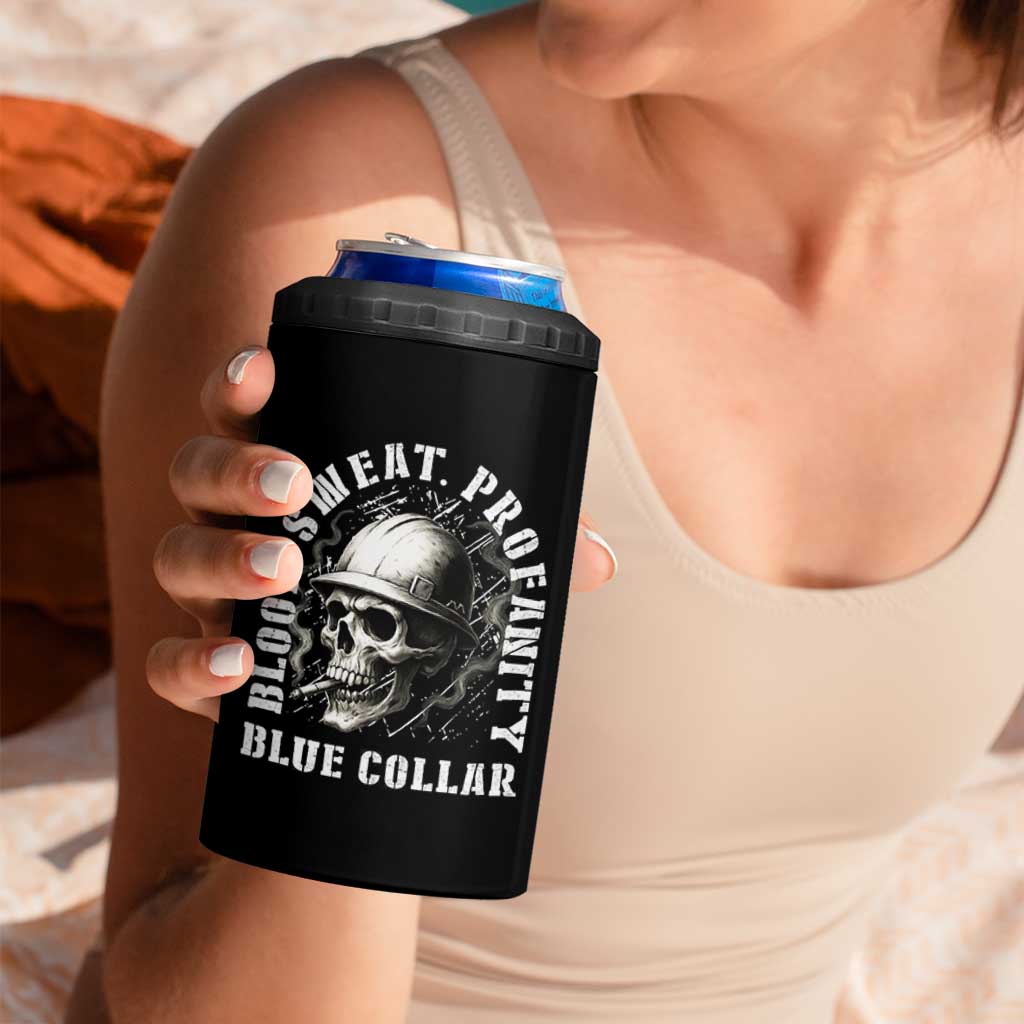 Skull Smoking 4 in 1 Can Cooler Tumbler Blood Sweat Profanity Blue Collar