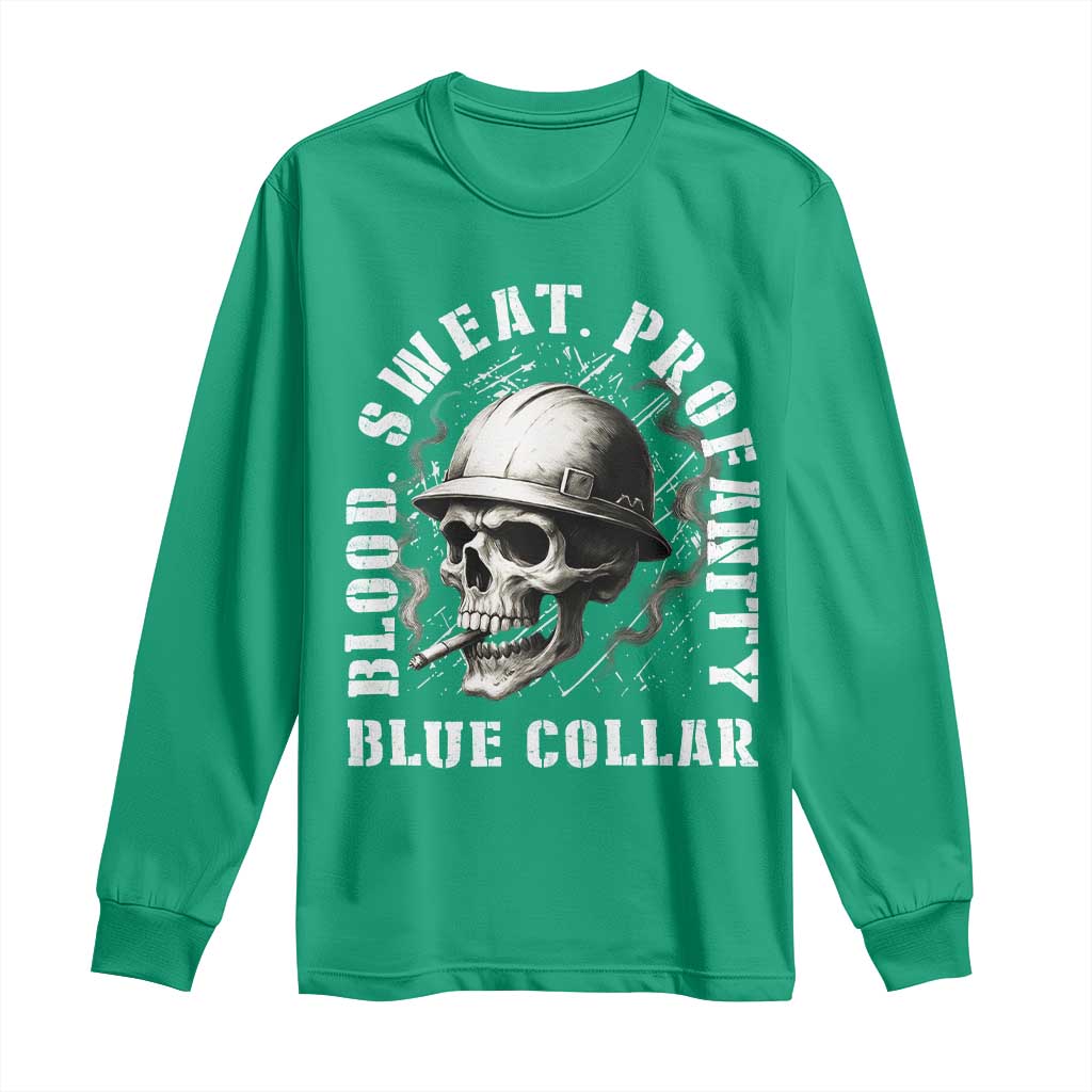 Skull Smoking Long Sleeve Shirt Blood Sweat Profanity Blue Collar - Wonder Print Shop
