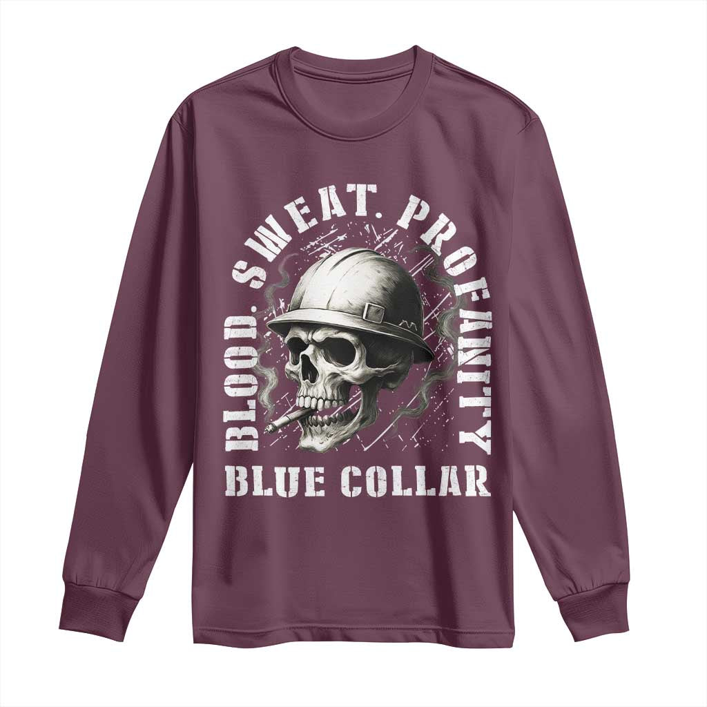 Skull Smoking Long Sleeve Shirt Blood Sweat Profanity Blue Collar - Wonder Print Shop