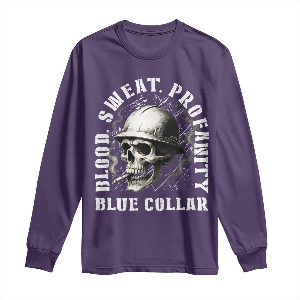 Skull Smoking Long Sleeve Shirt Blood Sweat Profanity Blue Collar - Wonder Print Shop