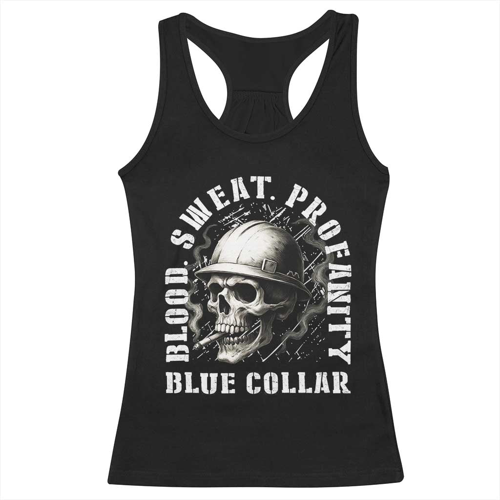 Skull Smoking Racerback Tank Top Blood Sweat Profanity Blue Collar - Wonder Print Shop