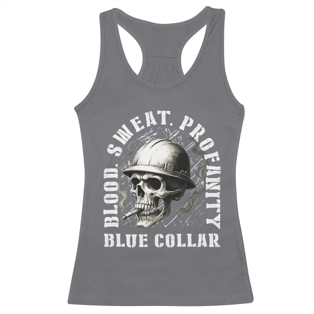 Skull Smoking Racerback Tank Top Blood Sweat Profanity Blue Collar - Wonder Print Shop
