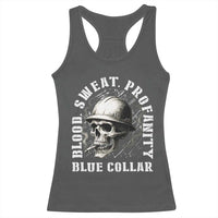 Skull Smoking Racerback Tank Top Blood Sweat Profanity Blue Collar - Wonder Print Shop