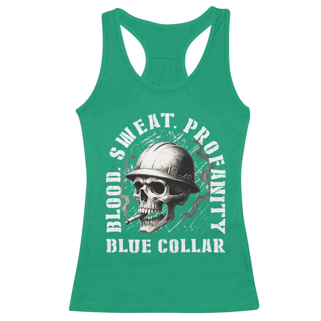 Skull Smoking Racerback Tank Top Blood Sweat Profanity Blue Collar - Wonder Print Shop