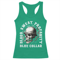 Skull Smoking Racerback Tank Top Blood Sweat Profanity Blue Collar - Wonder Print Shop