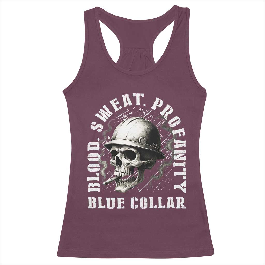 Skull Smoking Racerback Tank Top Blood Sweat Profanity Blue Collar - Wonder Print Shop
