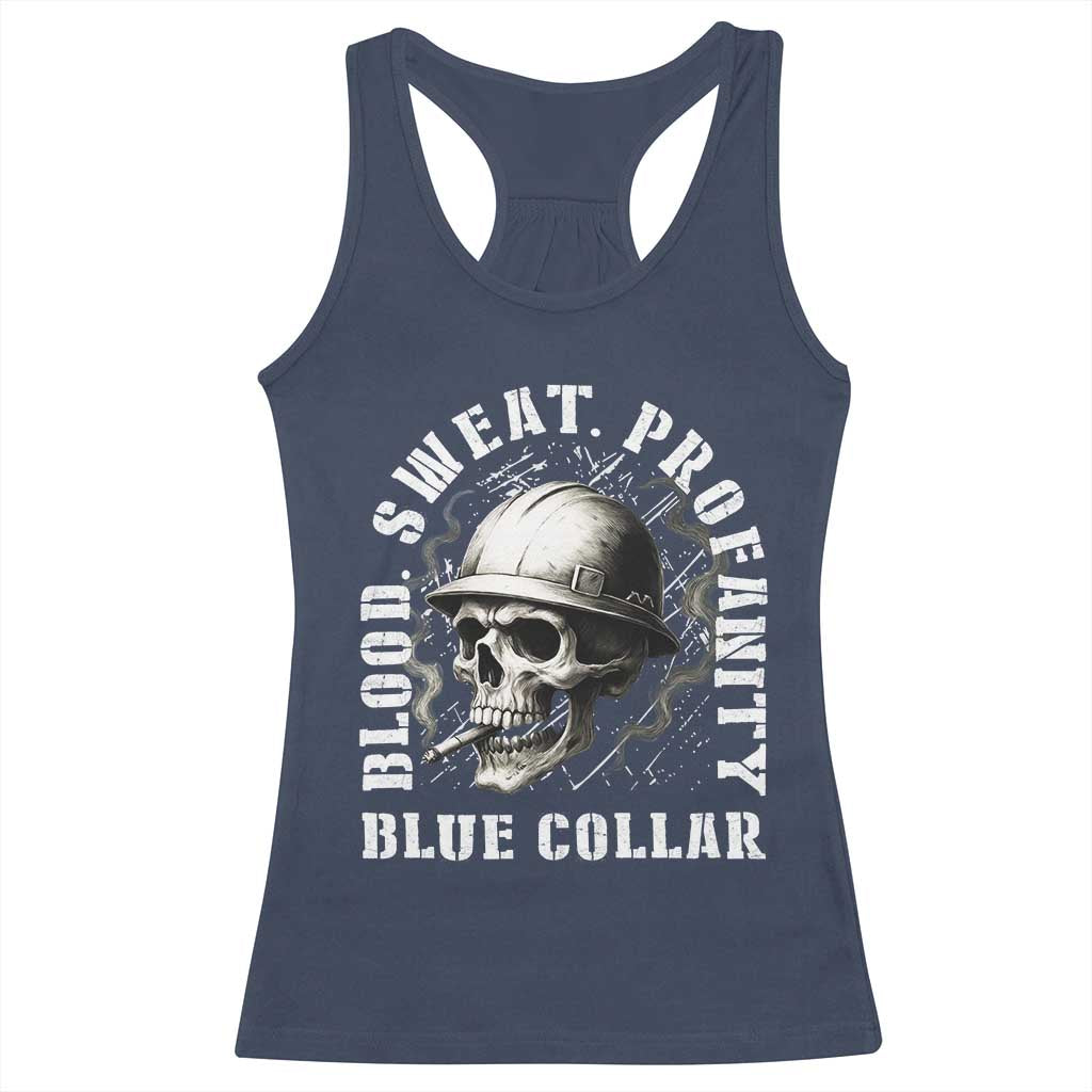 Skull Smoking Racerback Tank Top Blood Sweat Profanity Blue Collar - Wonder Print Shop