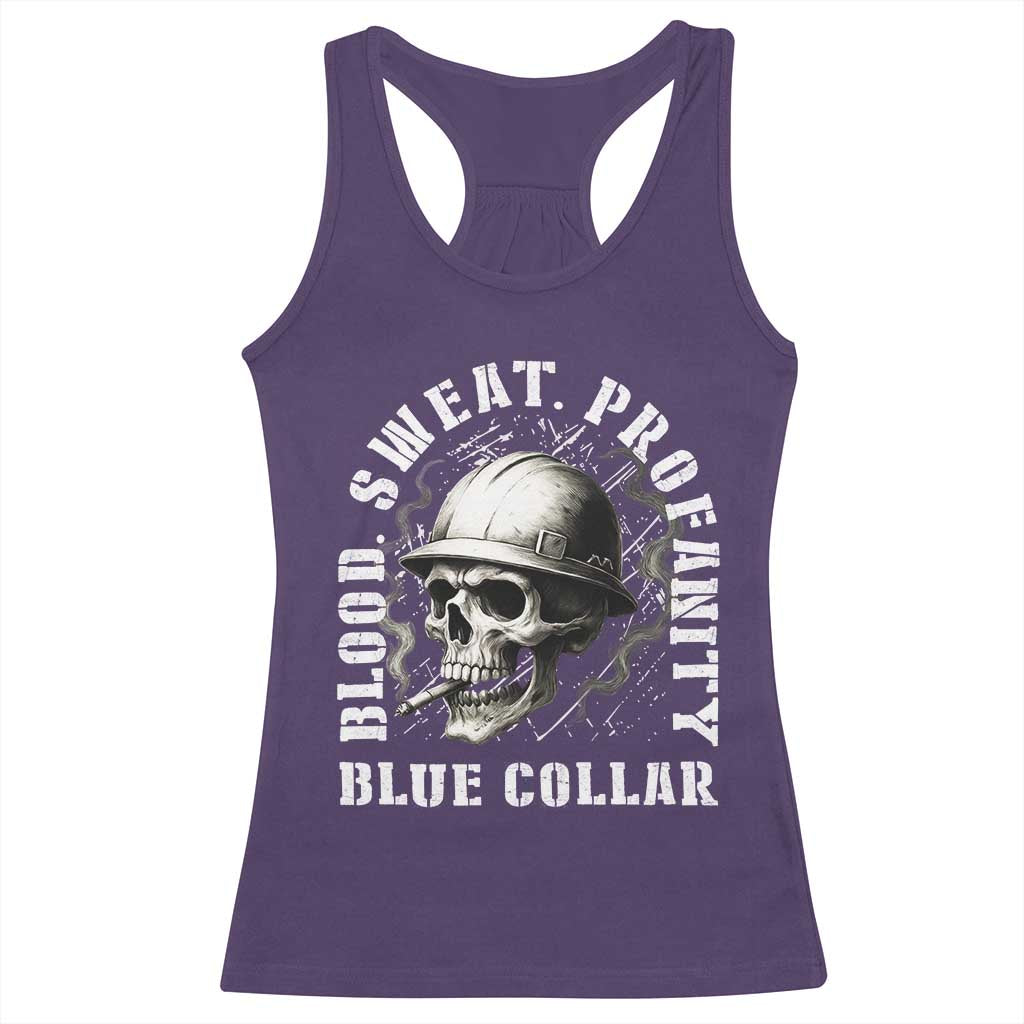 Skull Smoking Racerback Tank Top Blood Sweat Profanity Blue Collar - Wonder Print Shop
