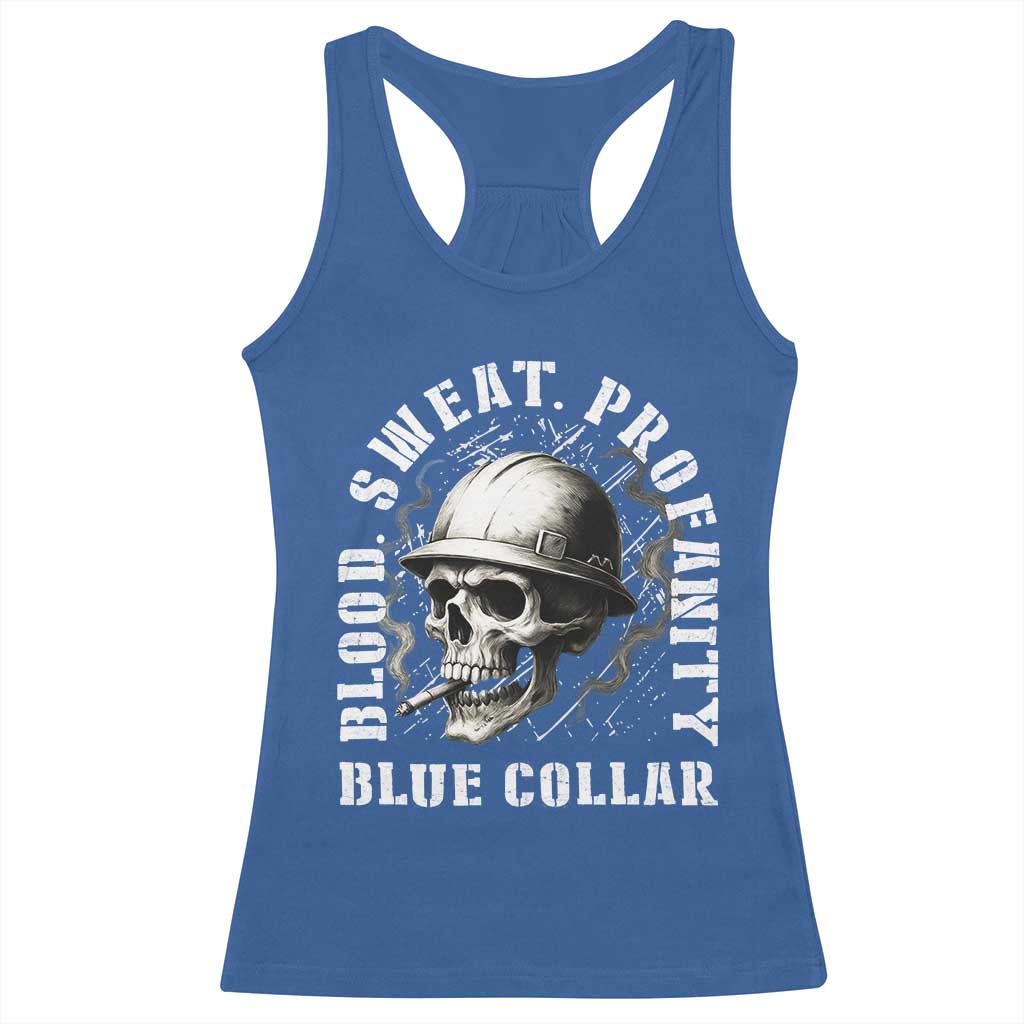 Skull Smoking Racerback Tank Top Blood Sweat Profanity Blue Collar - Wonder Print Shop