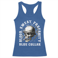 Skull Smoking Racerback Tank Top Blood Sweat Profanity Blue Collar - Wonder Print Shop