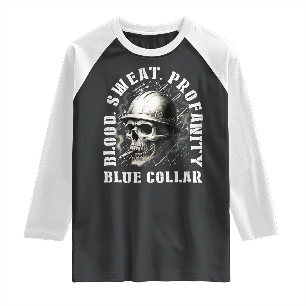 Skull Smoking Raglan Shirt Blood Sweat Profanity Blue Collar - Wonder Print Shop