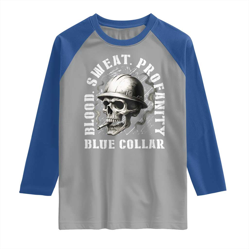 Skull Smoking Raglan Shirt Blood Sweat Profanity Blue Collar - Wonder Print Shop