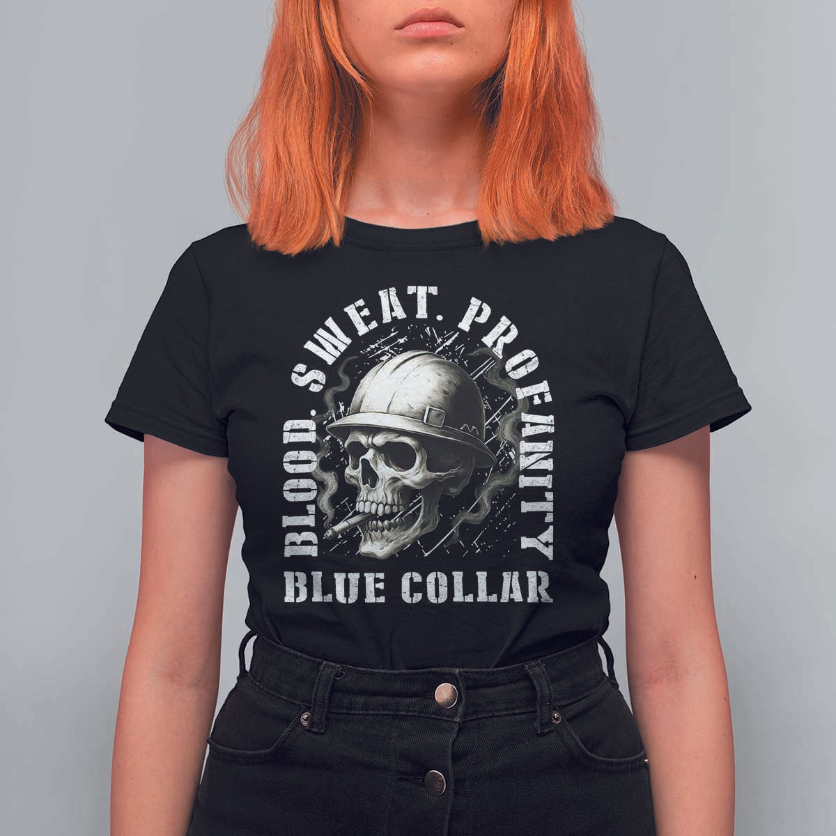 Skull Smoking T Shirt For Women Blood Sweat Profanity Blue Collar - Wonder Print Shop