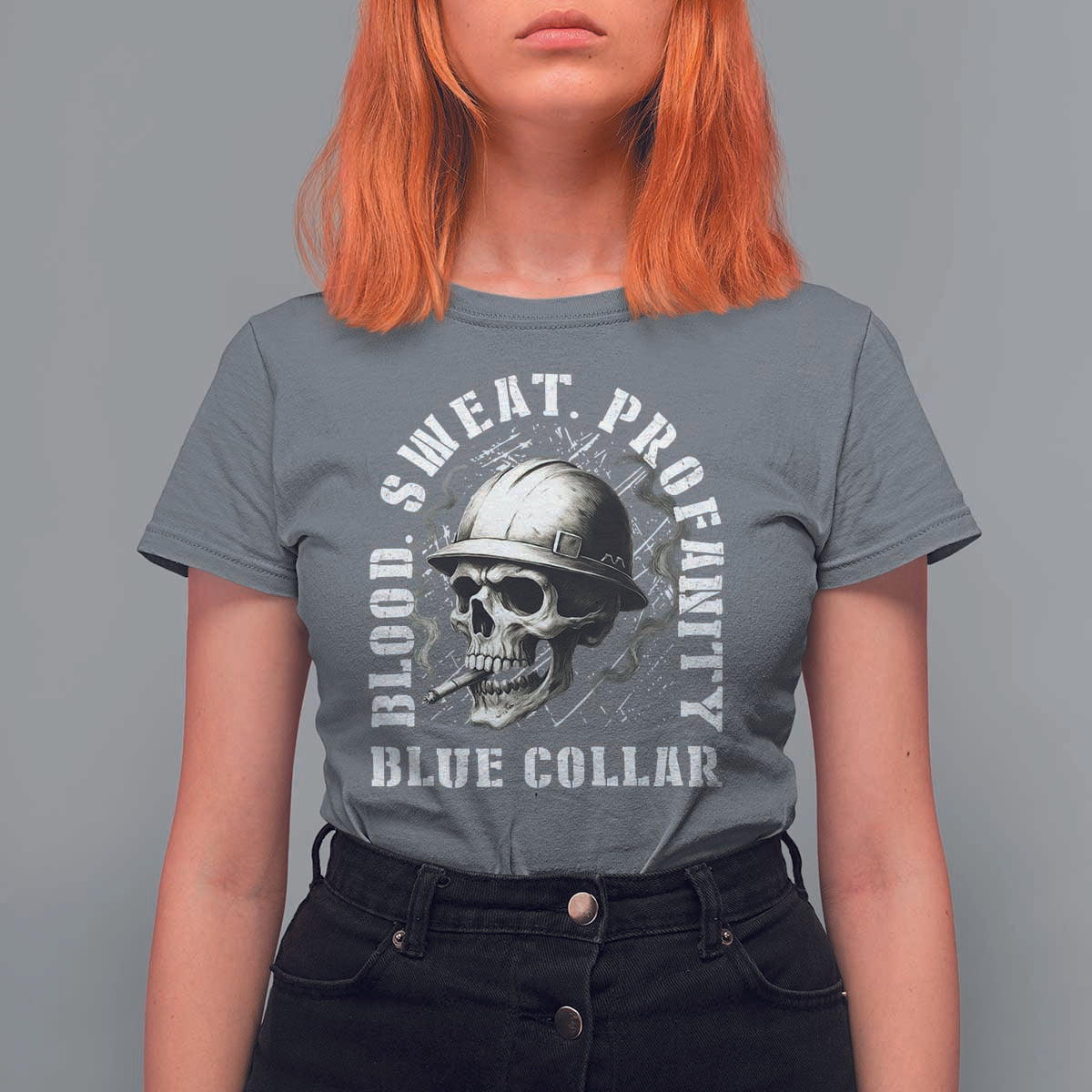 Skull Smoking T Shirt For Women Blood Sweat Profanity Blue Collar - Wonder Print Shop
