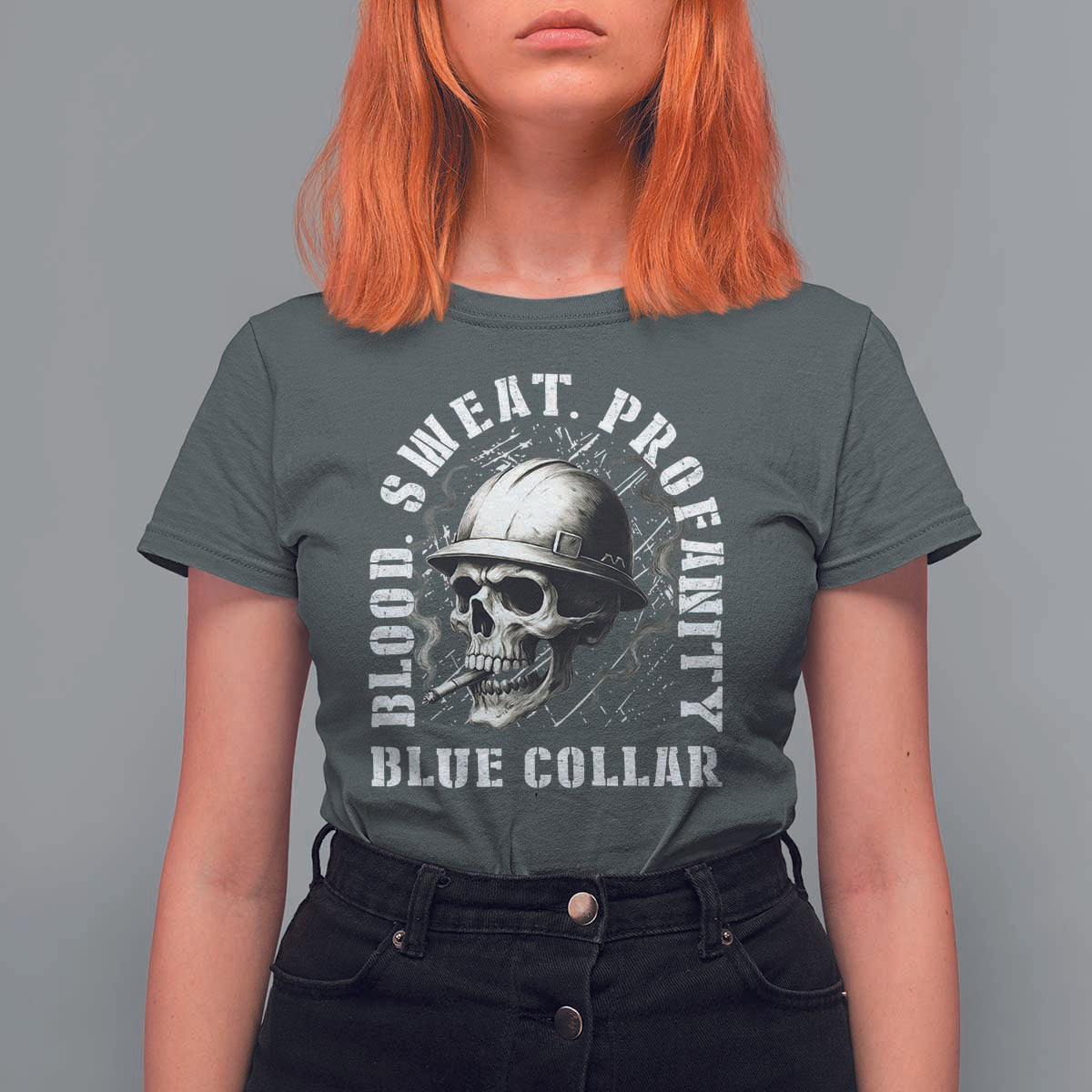 Skull Smoking T Shirt For Women Blood Sweat Profanity Blue Collar - Wonder Print Shop