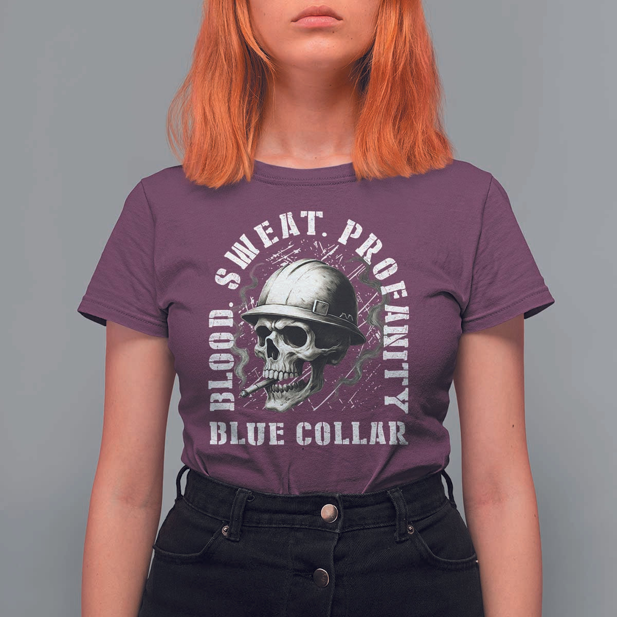 Skull Smoking T Shirt For Women Blood Sweat Profanity Blue Collar - Wonder Print Shop