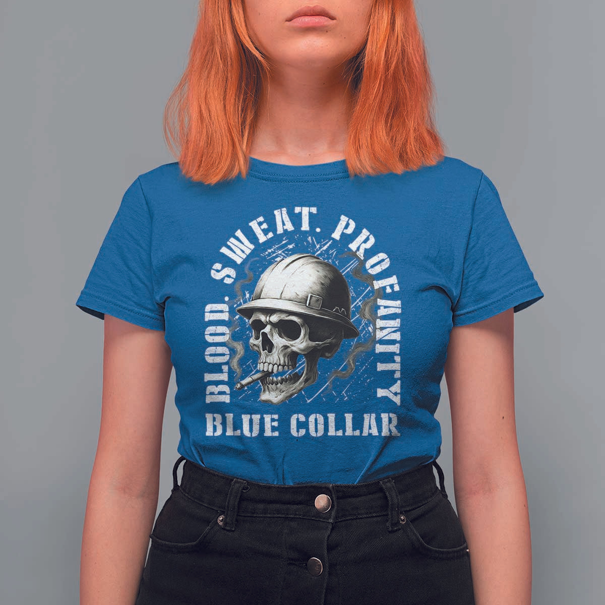 Skull Smoking T Shirt For Women Blood Sweat Profanity Blue Collar - Wonder Print Shop