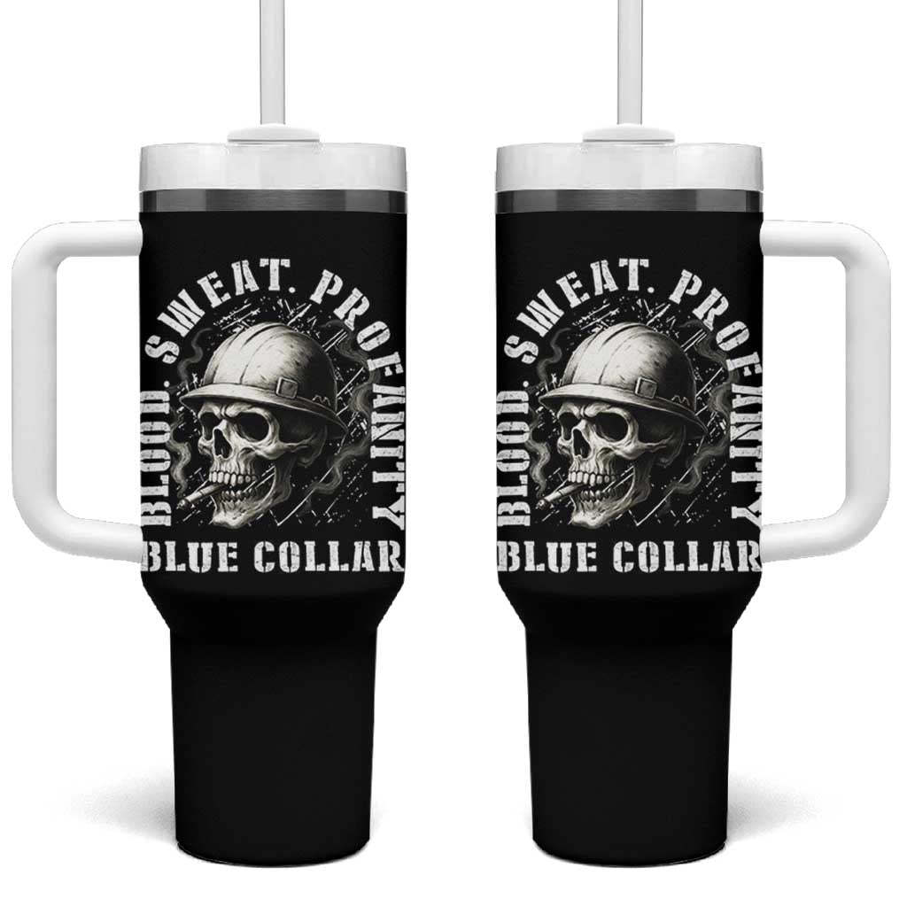 Skull Smoking Tumbler With Handle Blood Sweat Profanity Blue Collar
