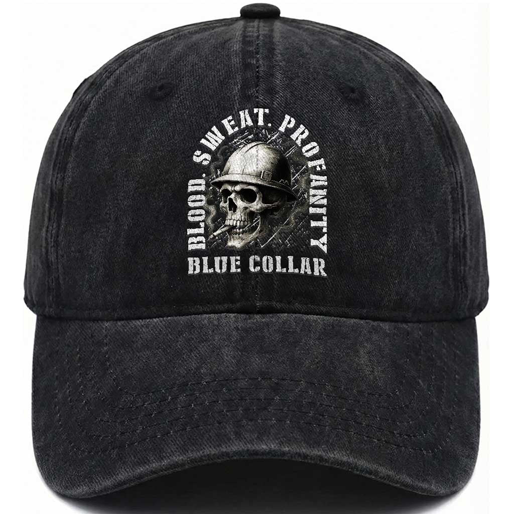 Skull Smoking Washed Cotton Baseball Cap Blood Sweat Profanity Blue Collar