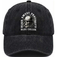 Skull Smoking Washed Cotton Baseball Cap Blood Sweat Profanity Blue Collar