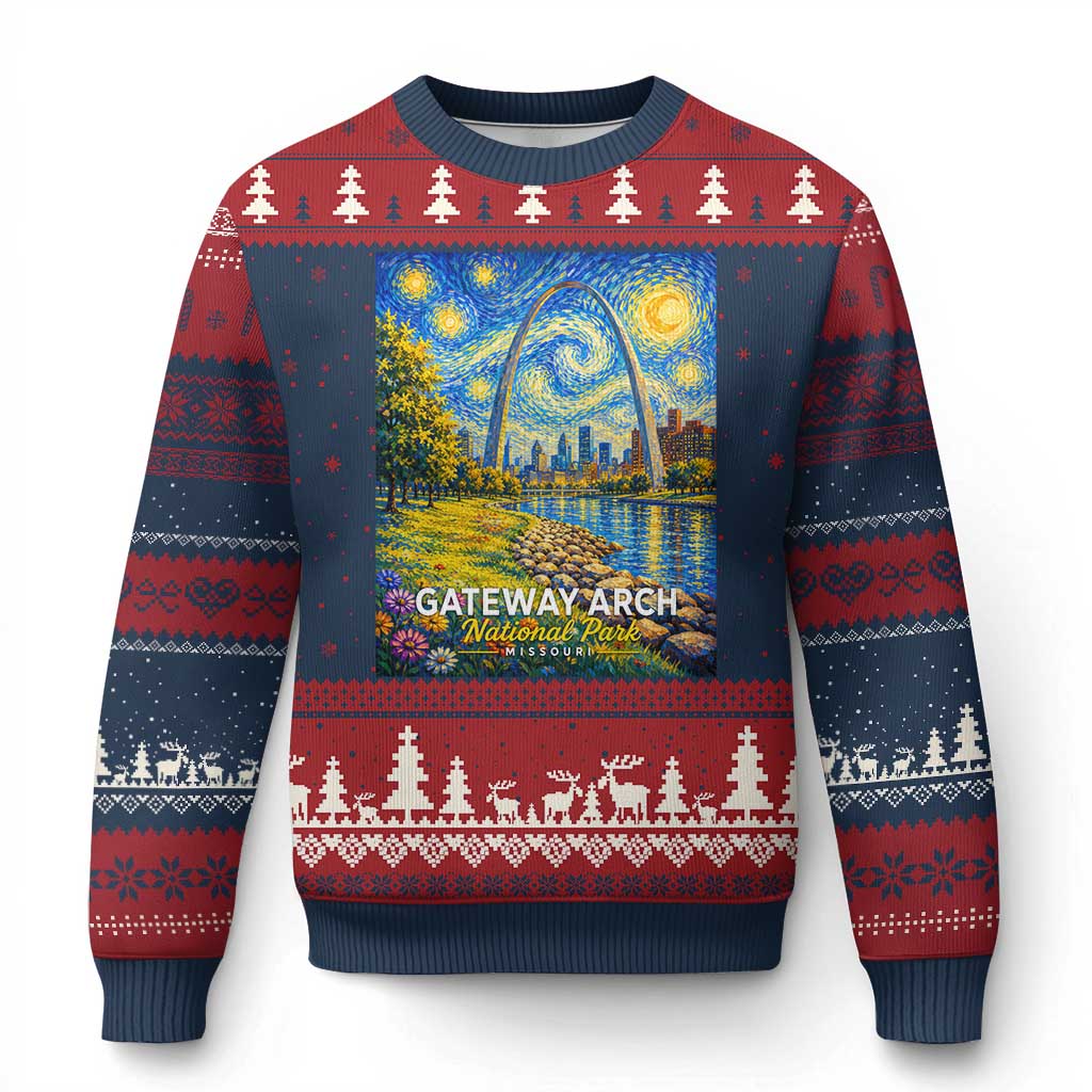 Gateway Arch National Park Van Gogh Style Starry Night Ugly Christmas Sweater St Louis Missouri Travel Souvenir Gift