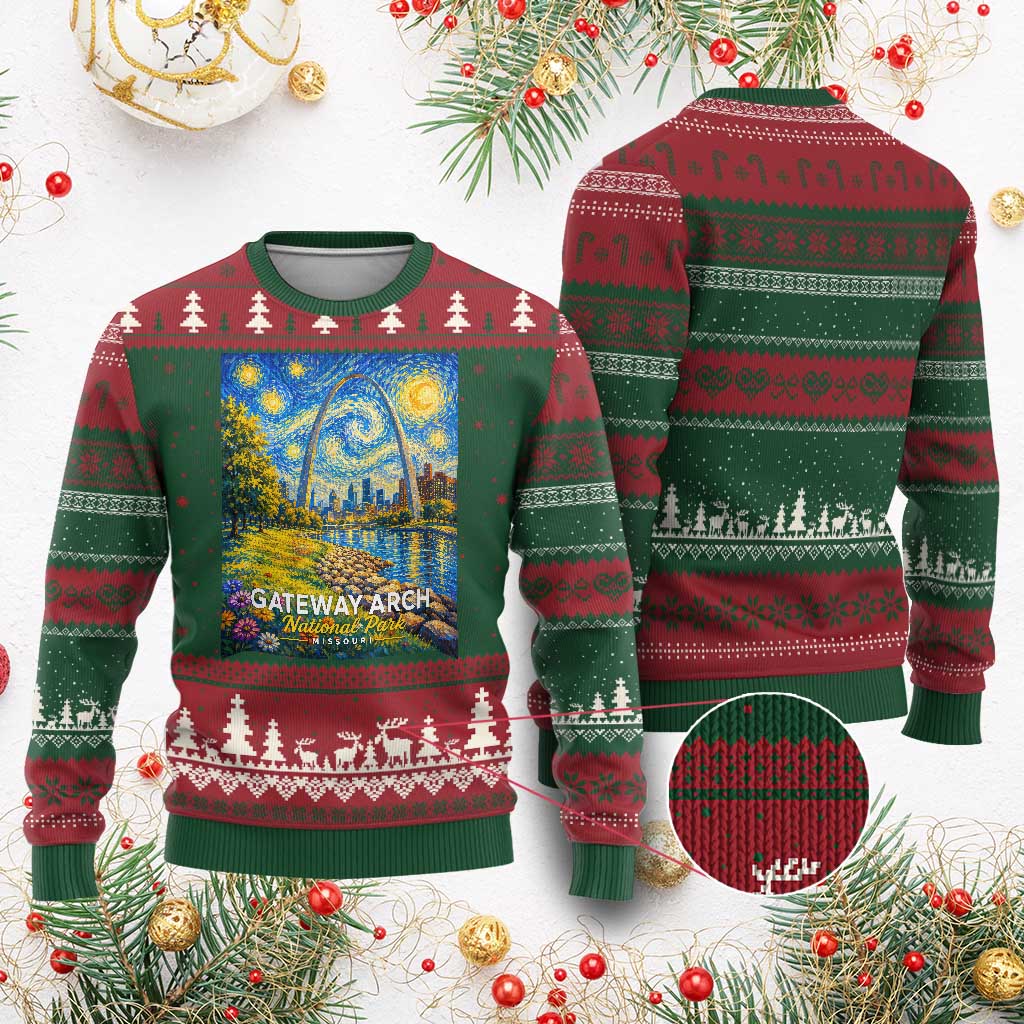 Gateway Arch National Park Van Gogh Style Starry Night Ugly Christmas Sweater St Louis Missouri Travel Souvenir Gift