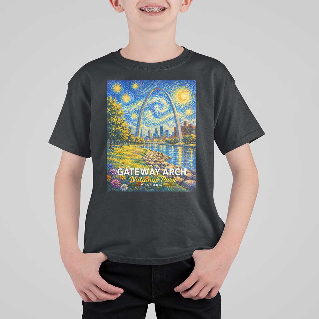 Gateway Arch National Park Van Gogh Style Starry Night T Shirt For Kid St Louis Missouri Travel Souvenir Gift