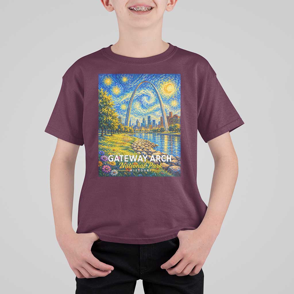 Gateway Arch National Park Van Gogh Style Starry Night T Shirt For Kid St Louis Missouri Travel Souvenir Gift