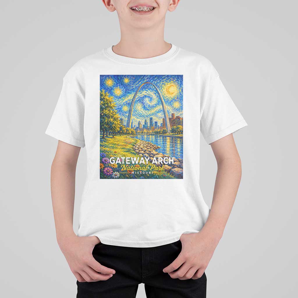 Gateway Arch National Park Van Gogh Style Starry Night T Shirt For Kid St Louis Missouri Travel Souvenir Gift