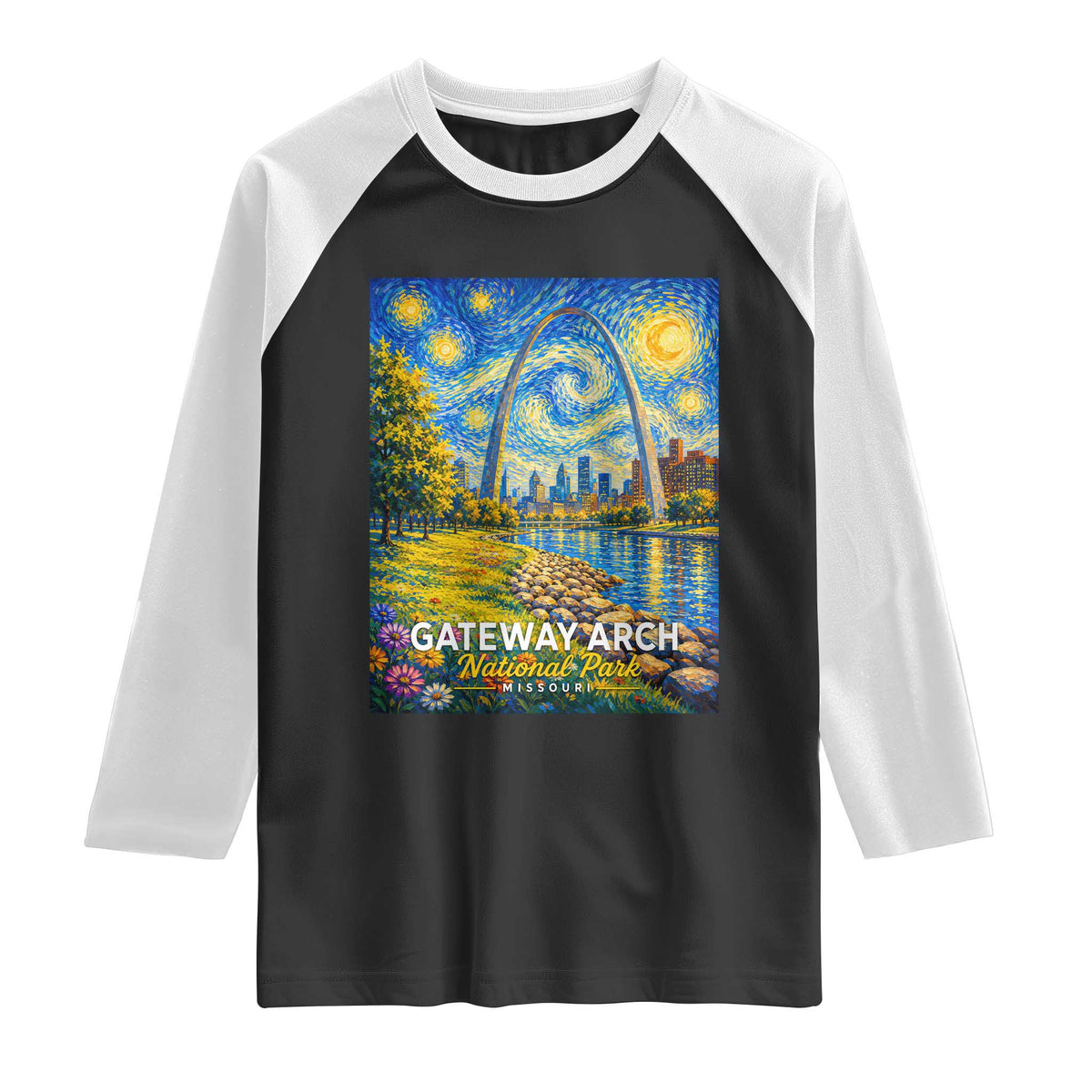 Gateway Arch National Park Van Gogh Style Starry Night Raglan Shirt St Louis Missouri Travel Souvenir Gift